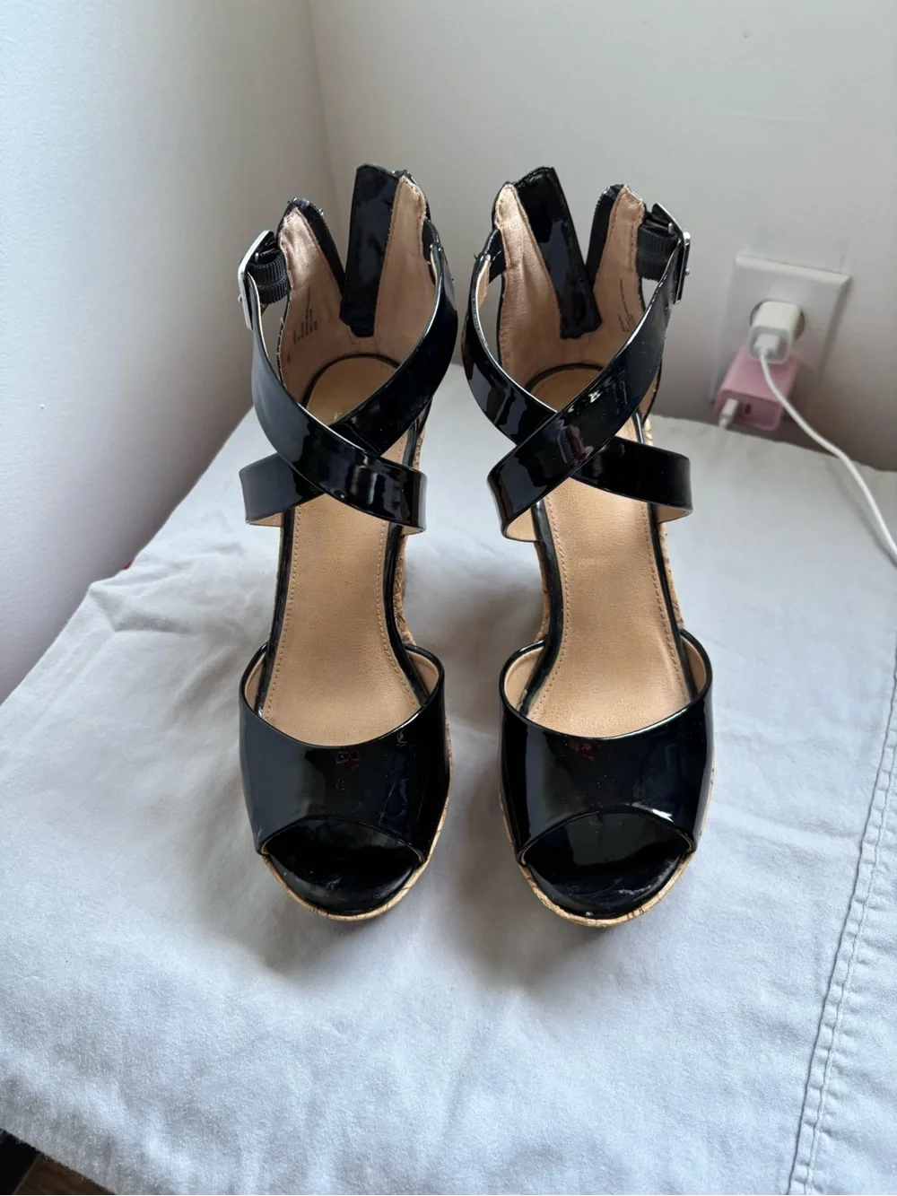 Material Girl Black Patent Cork Platform Wedge Sandals